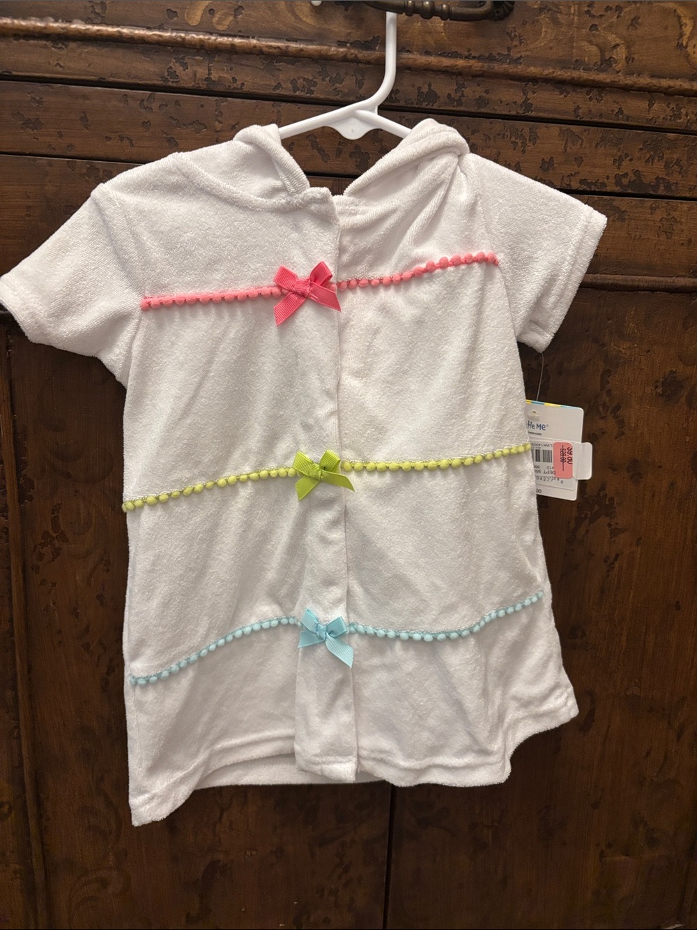Little Me White Hooded Terry Top with Pink, Lime & Blue Bows